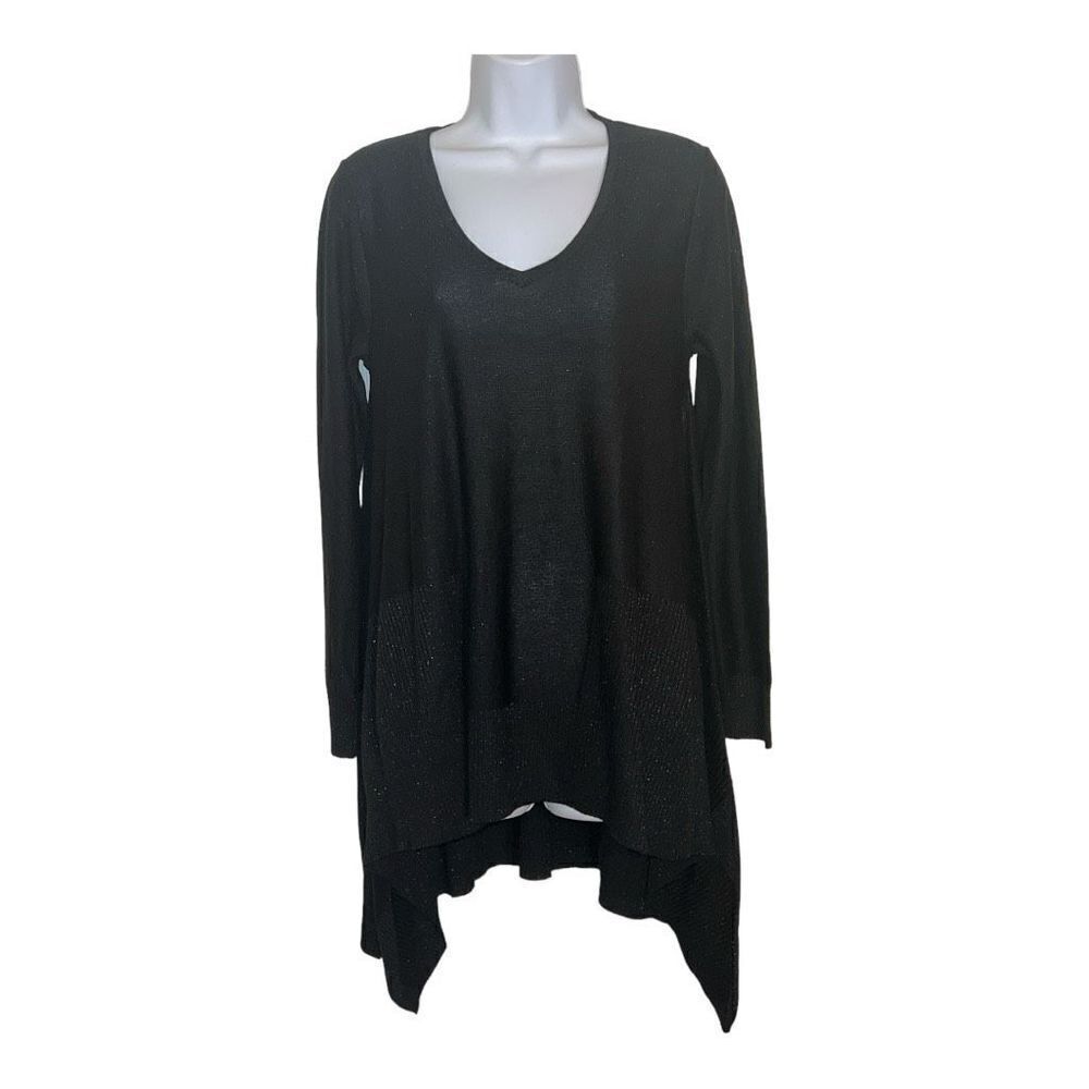 Cupio Scoop Neck Long Sleeve Glittered SharkBite Hem Ribbed Knit Top-BLACK / M